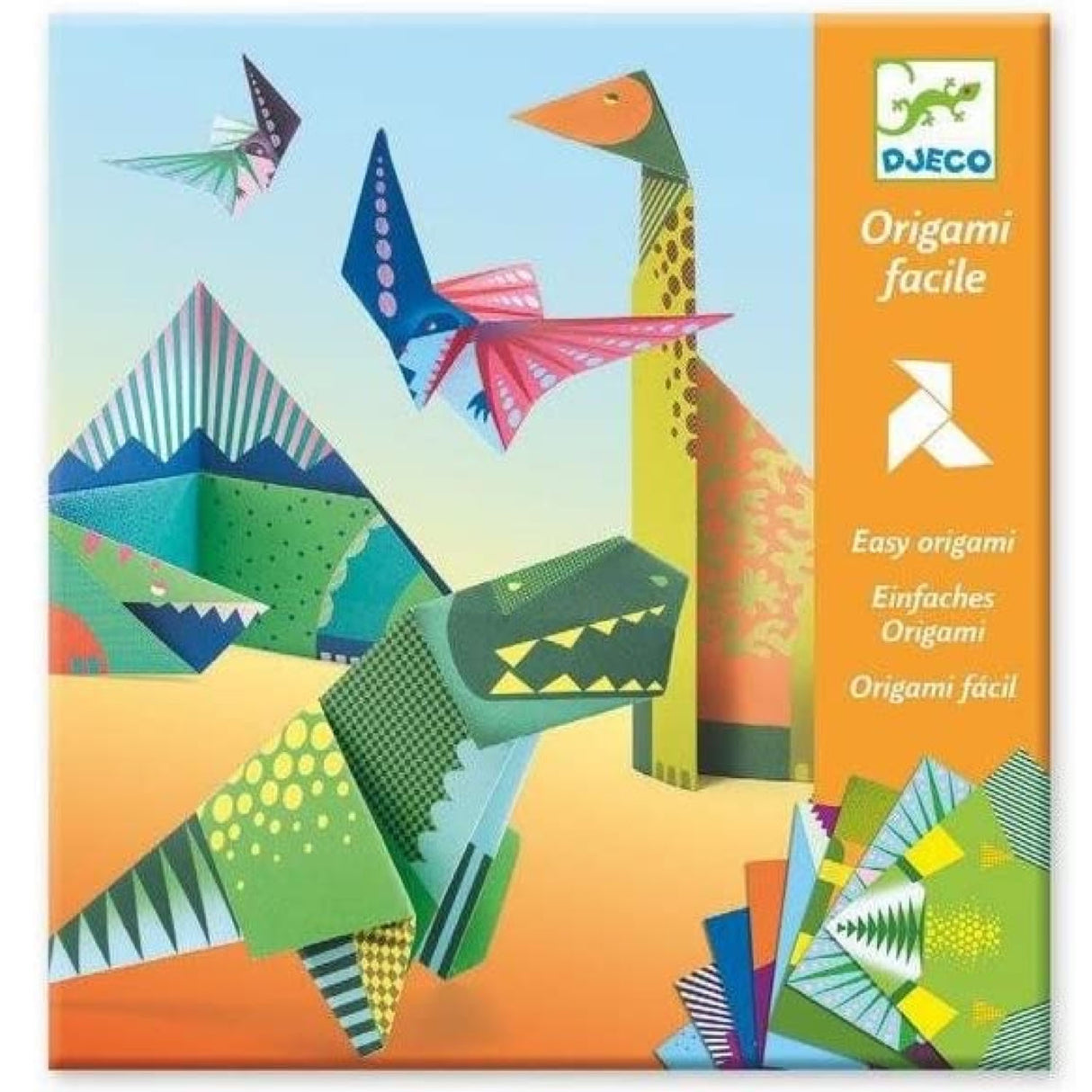 Origami Dinosaurs kit with colorful paper dinosaurs and easy folding instructions for creative kids aged 8 and up.