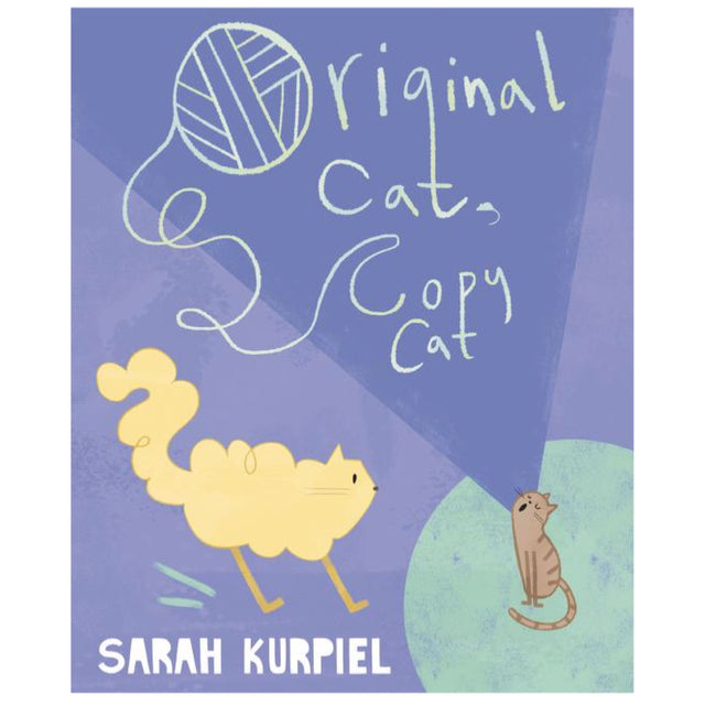 Original Cat, Copy Cat book cover with two playful illustrated cats and a ball of yarn on a purple background.