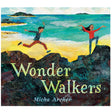 Wonder Walkers book cover showing two children joyfully exploring a colorful seaside landscape with textured collage art.