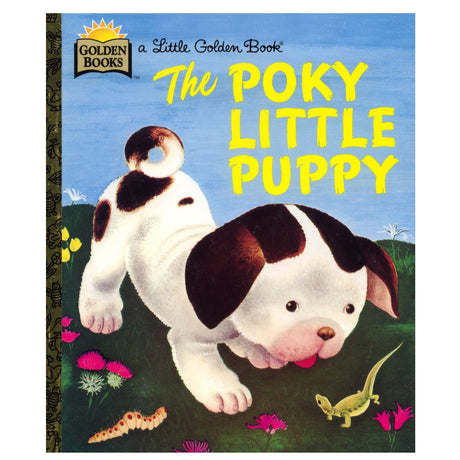 Little Golden Book The Poky Little Puppy cover showing a curious puppy in a grassy field with flowers and a lizard.