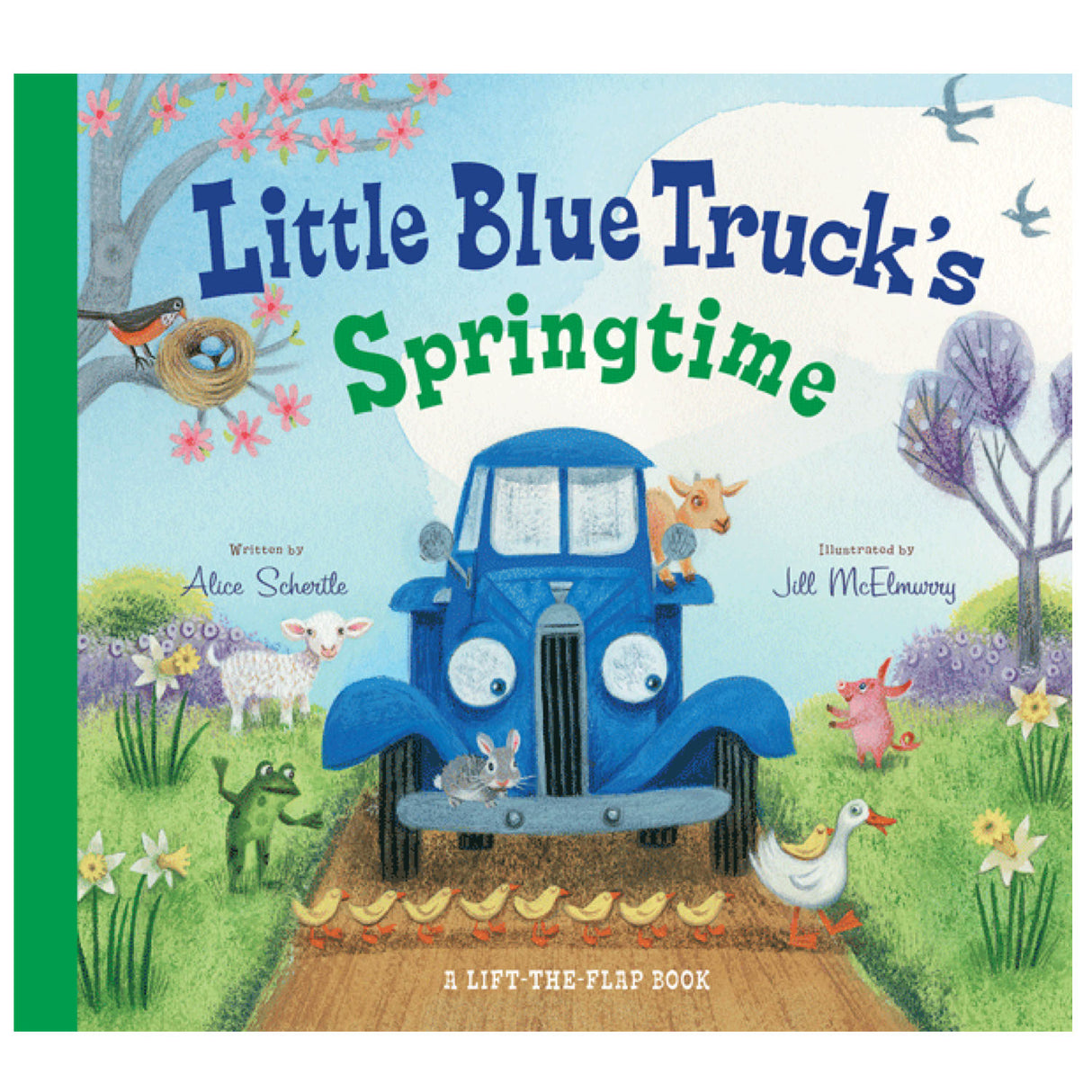 Little Blue Truck's Springtime book cover with a blue truck and farm animals in a colorful spring setting.
