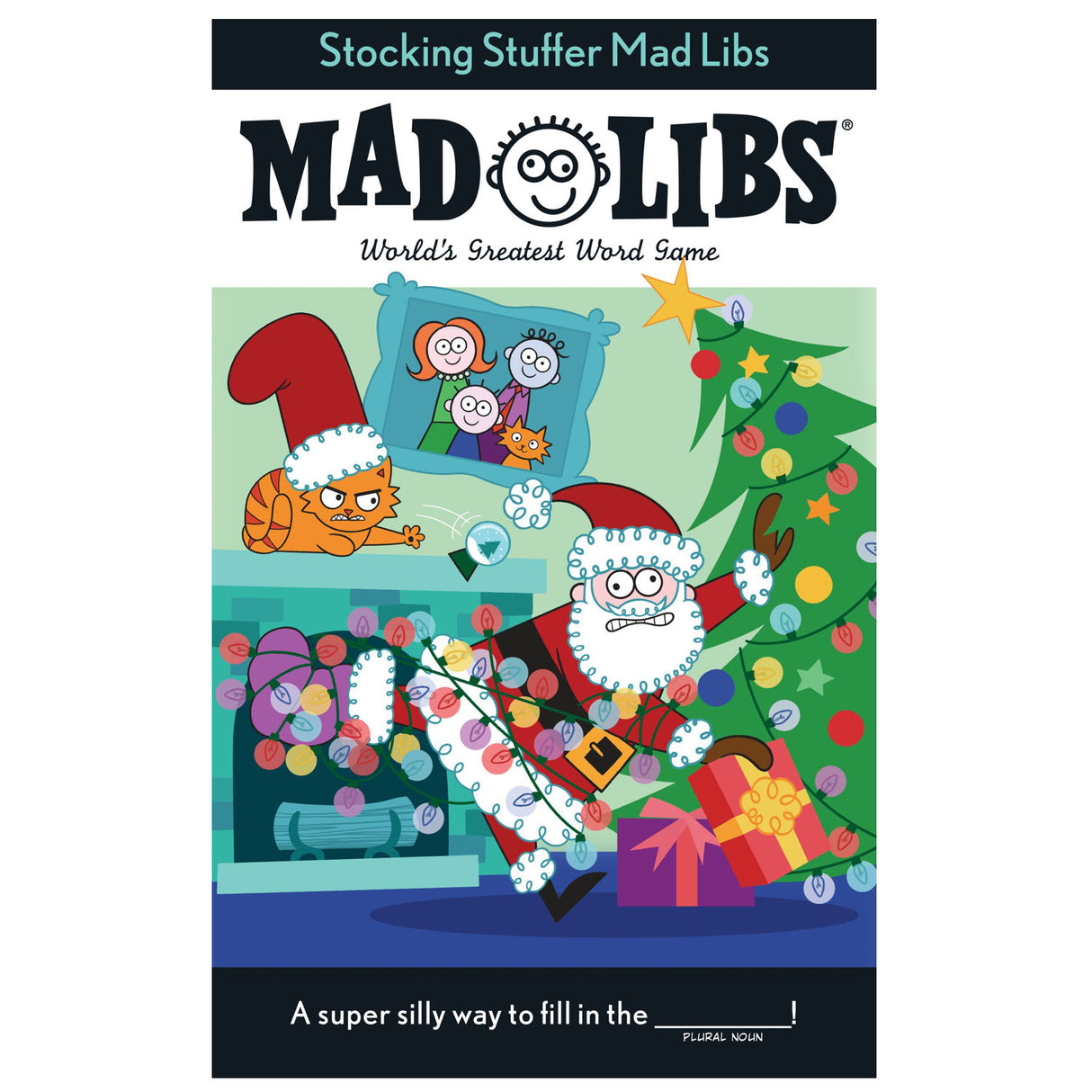 Mad Libs Stocking Stuffer cover with Santa, presents, Christmas tree, and festive holiday characters in a playful scene.