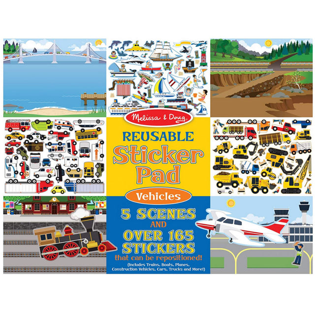 Sticker Pad Vehicles with 5 colorful scenes and over 165 reusable vehicle-themed cling stickers for creative play.