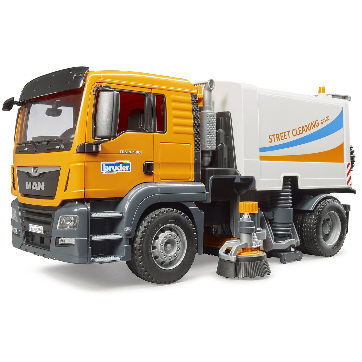 MAN TGA Street Sweeper toy truck with rotating brushes and suction hose for cleaning hard-to-reach areas.