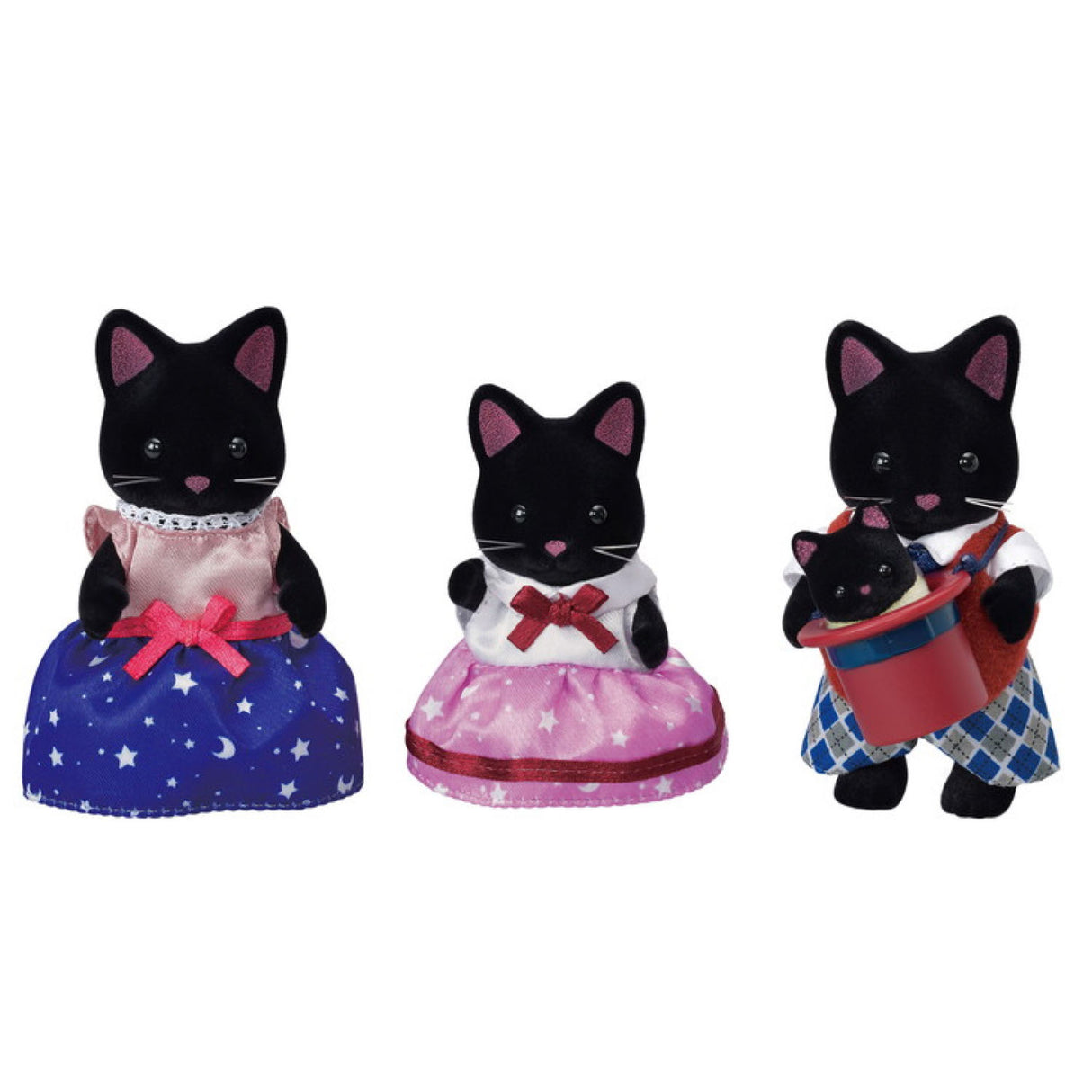 Midnight Cat Family three black cat figures in colorful clothing for imaginative play with movable parts.