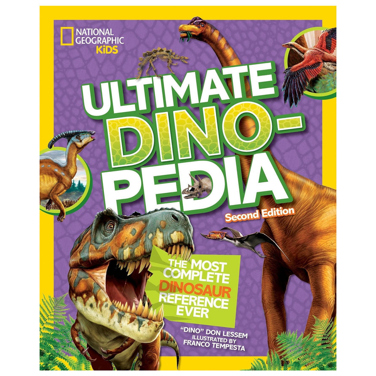 Ultimate DinoPedia second edition book cover with colorful dinosaur illustrations and National Geographic Kids logo.