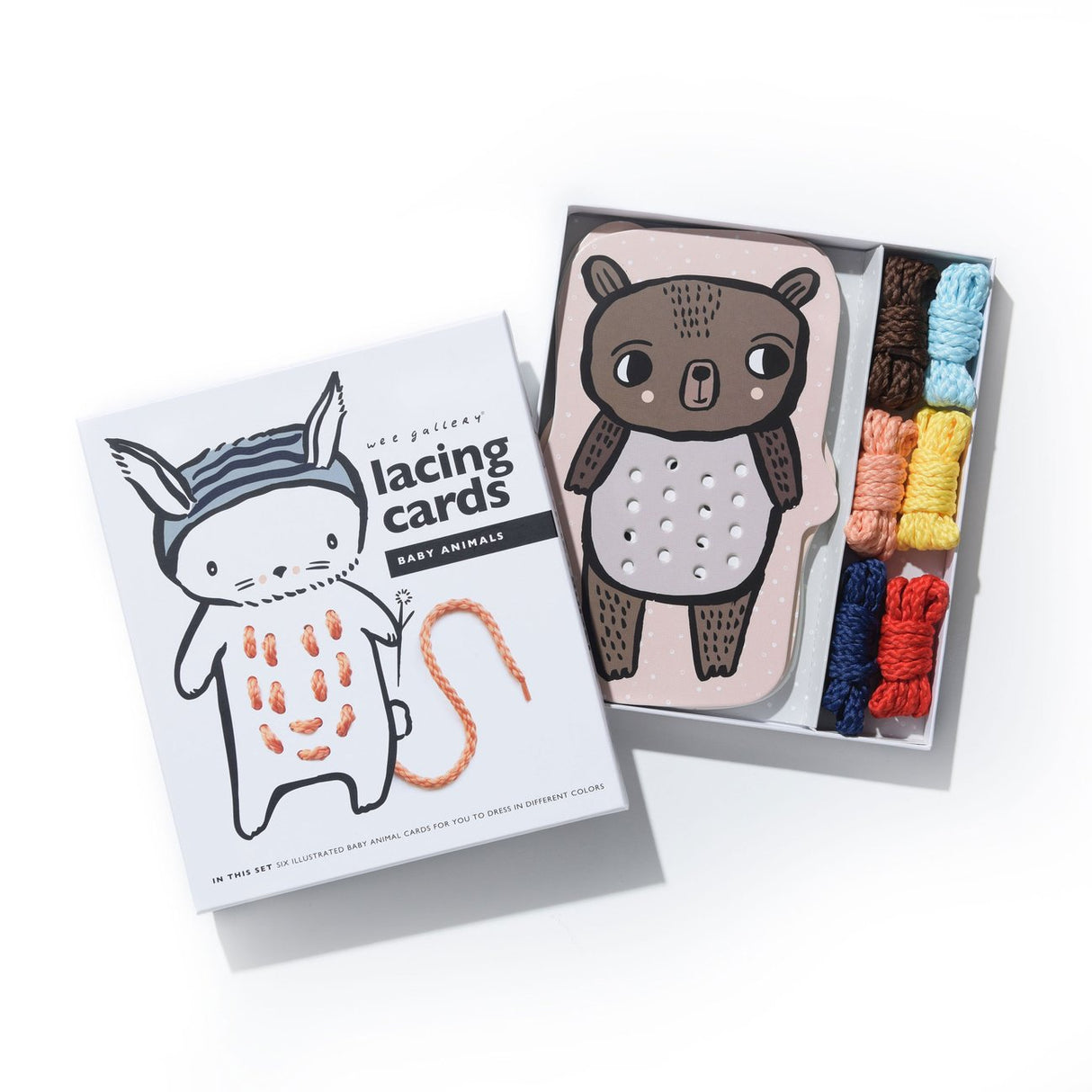 Baby Animal Lacing Cards featuring hand illustrated baby animals with colorful laces for motor skill development.