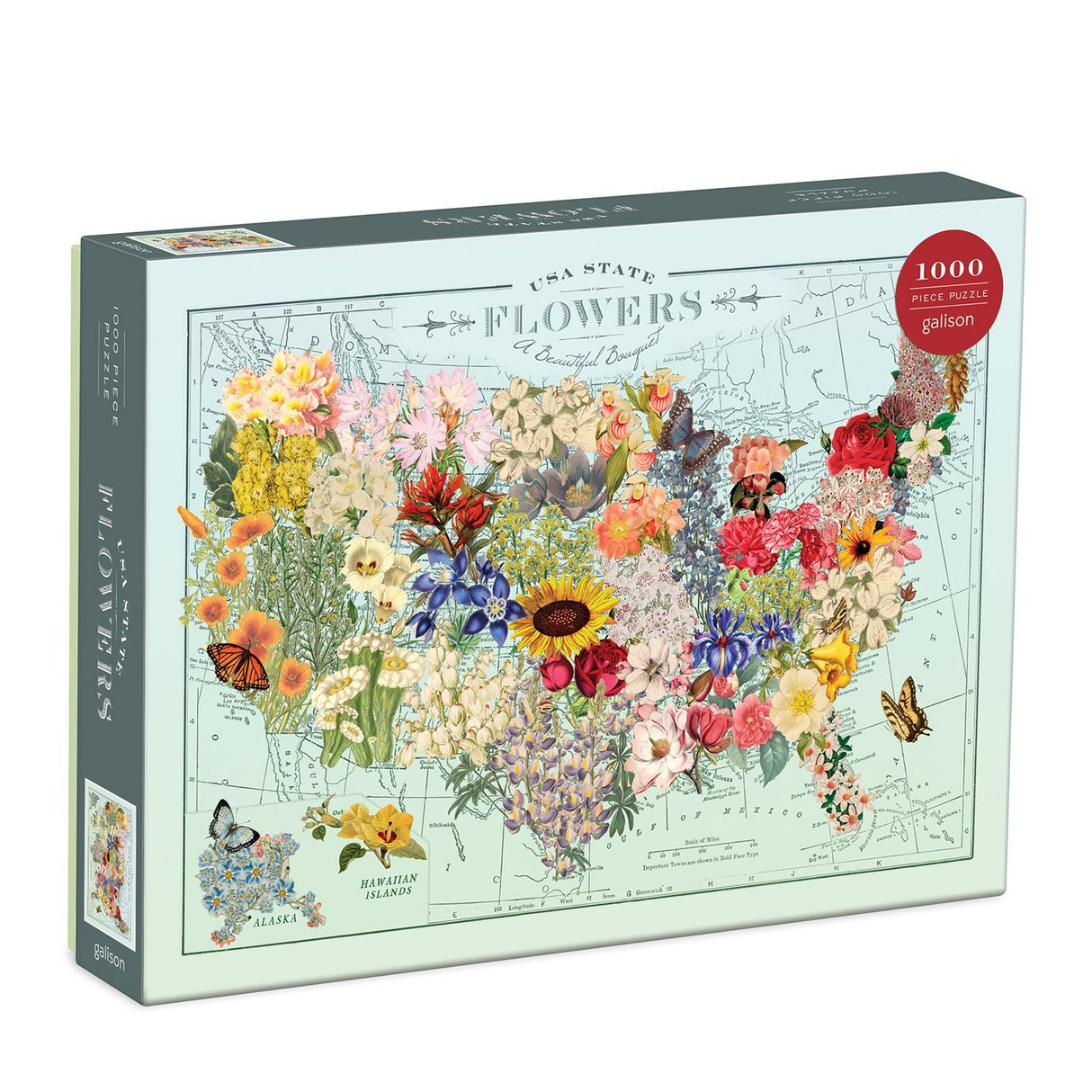 1000pc USA State Flowers Puzzle featuring a colorful map of US states with each state’s flower illustrated beautifully.