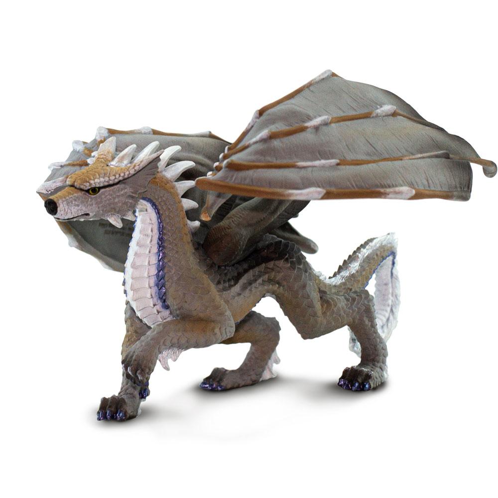 Wolf Dragon toy sculpted walking with raised paw, folded wings, wolf face, dragon scales in grays and browns, 8-inch collectible.
