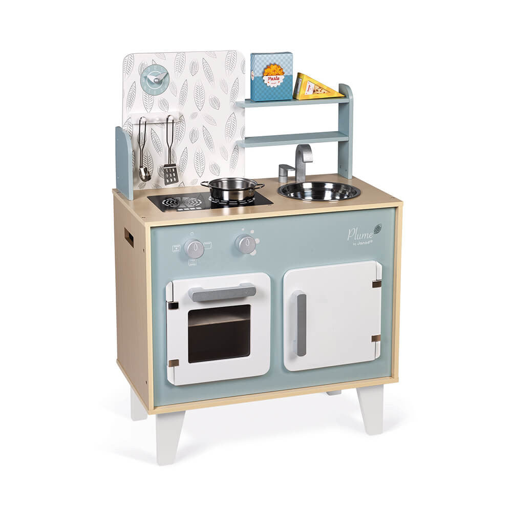 Plume Kitchen Cooker wooden kids kitchen set with induction hob, oven, sink, and accessories in blue and grey tones.
