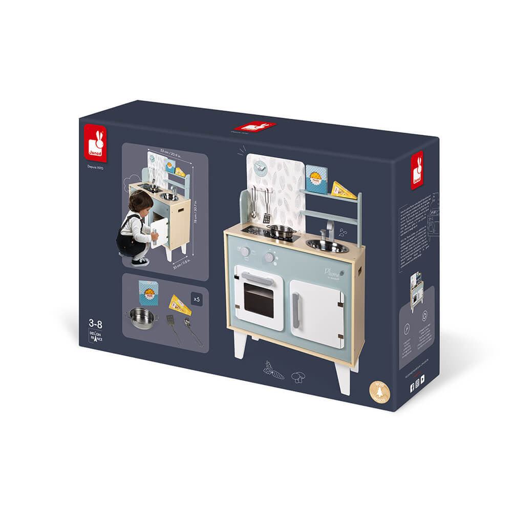 Plume Kitchen Cooker wooden play kitchen set with induction hobs, oven, sink, and accessories for kids ages 3 to 8.