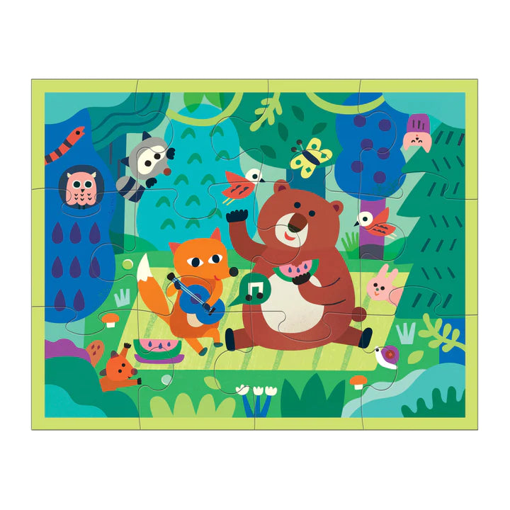 12pc Woodland Picnic Puzzle Pouch showing woodland animals having a picnic with vibrant colorful background.