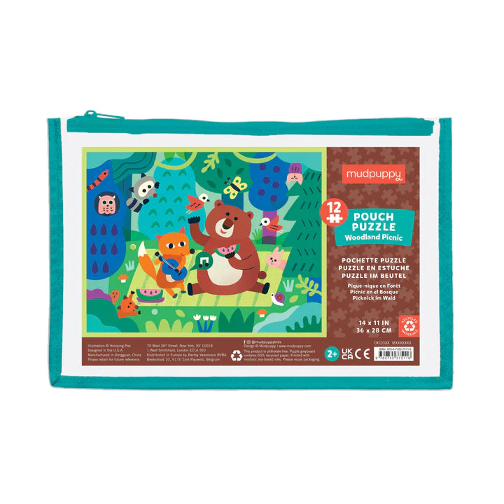 12pc Woodland Picnic Puzzle Pouch with reusable zippered pouch and colorful woodland animal picnic scene.