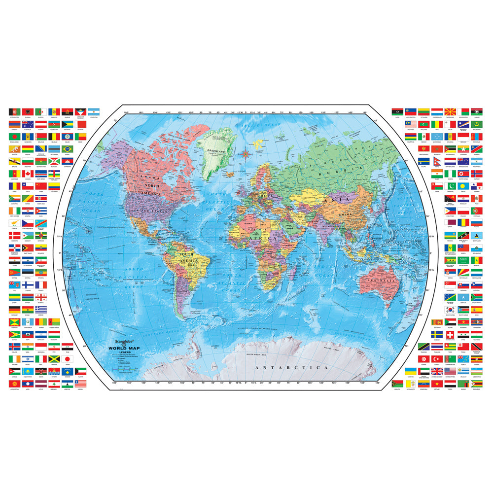 World Map showing countries and oceans with surrounding flags, framed and color-coded for easy geographic learning.