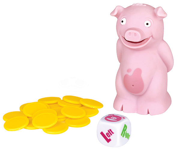 Pink Stinky Pig toy game with yellow tokens and a die, perfect for family fun and fast-paced play.