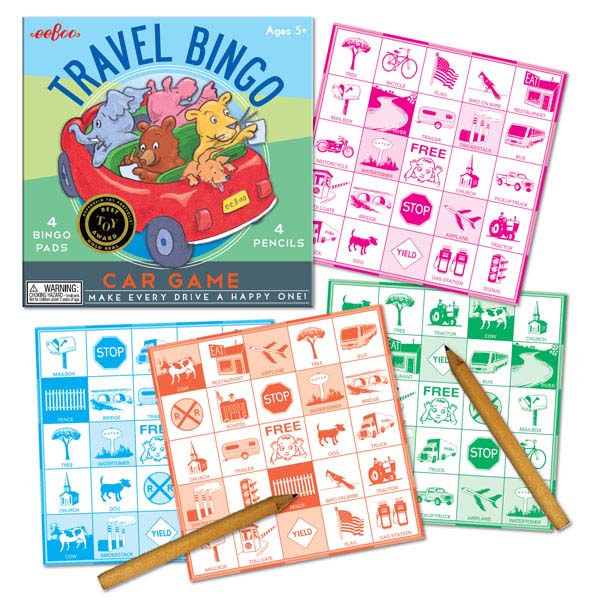 Travel Bingo car game with colorful bingo sheets and pencils for road trip fun, ages 5 and up.