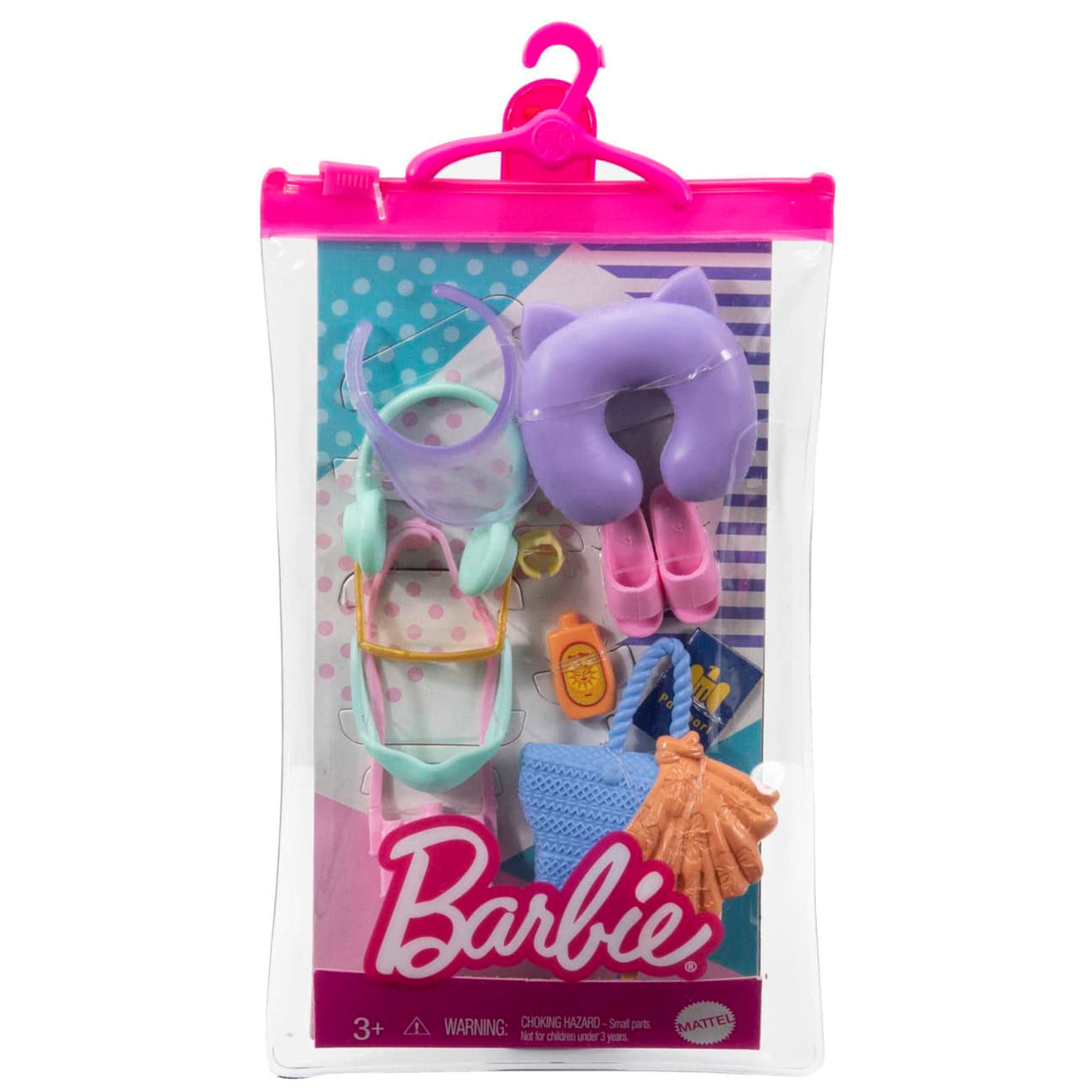 Barbie Fashion Accessories with travel-themed hats, bags, shoes, and neck pillow in a pink hanging case.