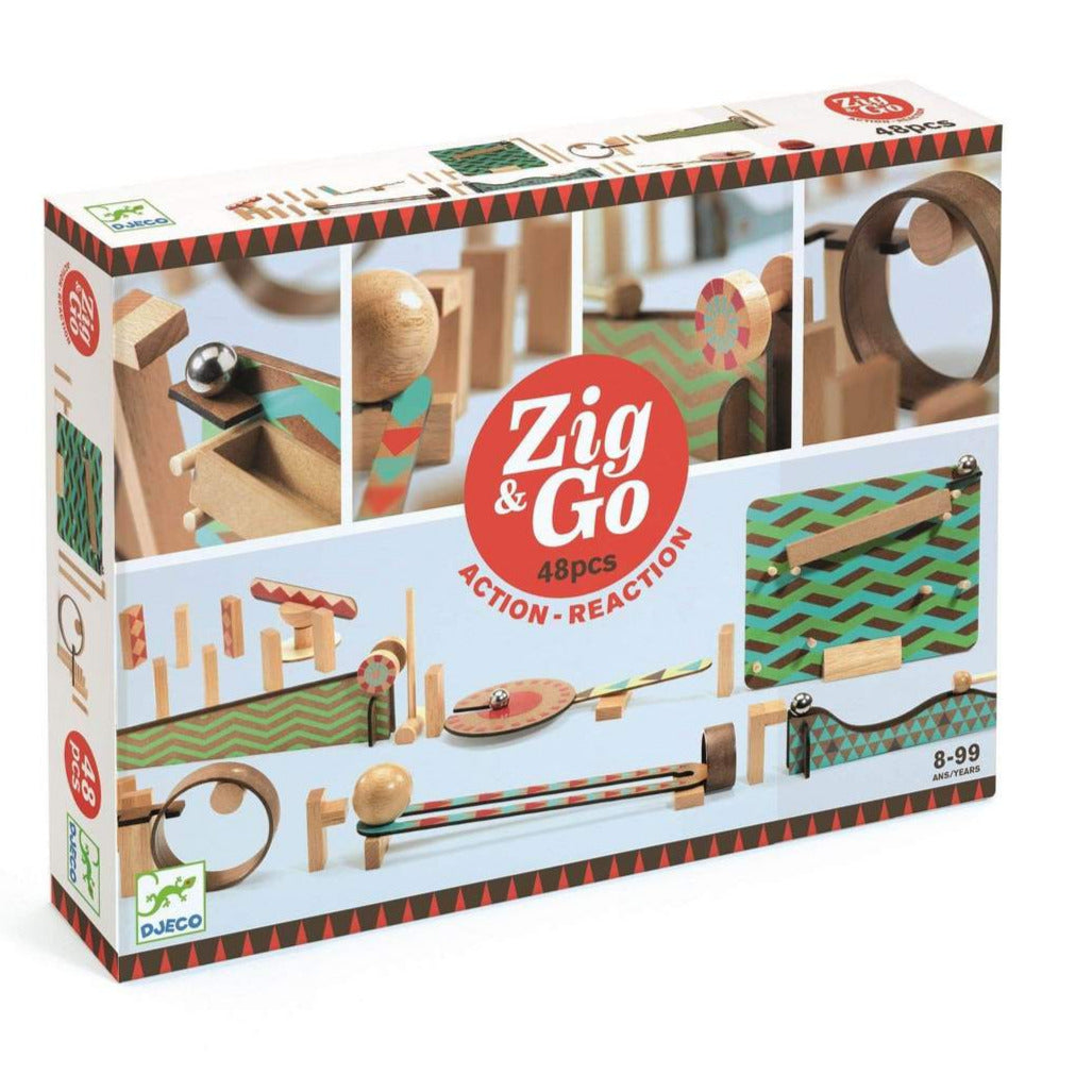 Zig & Go Action Reaction Wall 48pc wooden chain reaction set with balls and dominoes for STEM learning ages 8 plus.