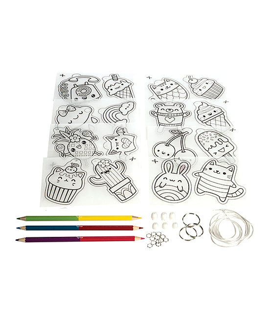 Shrinkies | Sweet Treats coloring sheets with plastic charms, colored pencils, and keychain accessories for kids ages 4-6.
