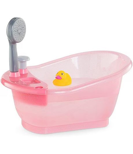 Pink toy bathtub with removable shower head and yellow rubber duck for doll bath time fun