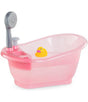 Pink toy bathtub with removable shower head and yellow rubber duck for doll bath time fun
