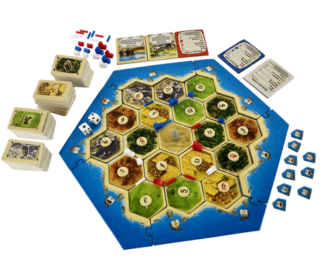 Compact version of the classic Catan board game with miniature pieces and resource cards, ideal for travel and three players
