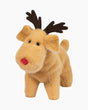 Soft plush dog muzzle designed as a reindeer with brown antlers and a red nose for holiday fun.