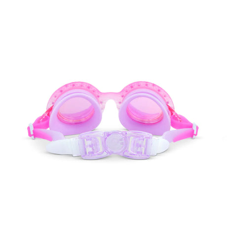 Googles Flower Bud swim goggles for kids with pink ombre, floral etching, rhinestones, and secure easy-on back clip.