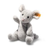 Mouse Cheesy plush toy sitting with raised paw in soft grey, part of Soft Cuddly Friends collection, 7 inches tall.