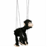 Marionette Small | Chimpanzee string puppet with black fur and control bar for hopping and dancing motions.