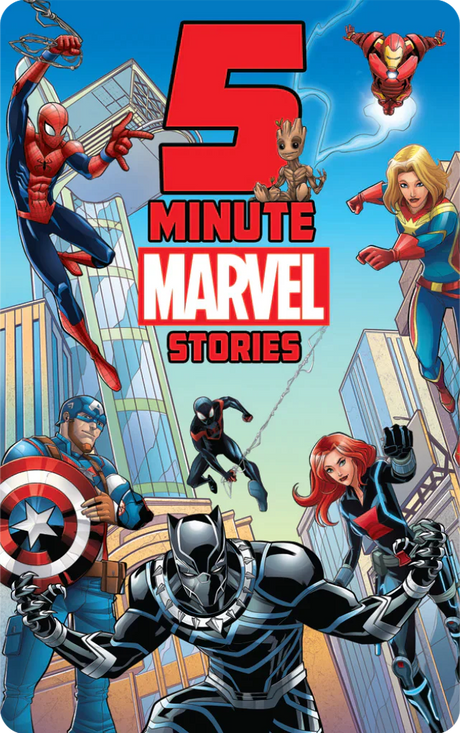 Dynamic Marvel superheroes including Spider-Man, Black Panther, Captain America, and Captain Marvel in action on a city background