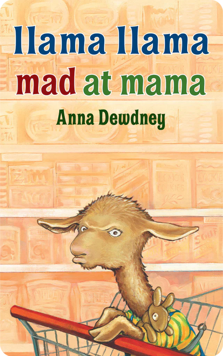 Illustration of a young llama looking upset while sitting in a shopping cart holding a stuffed bunny toy.