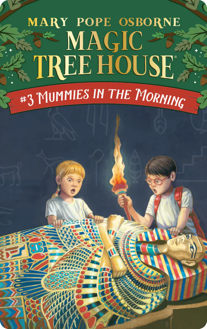 Illustration of Jack and Annie discovering an ancient Egyptian mummy on the Magic Tree House audiobook cover.