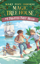 Cover of Magic Tree House book Pirates Past Noon showing children on a beach with a pirate ship and pirates nearby