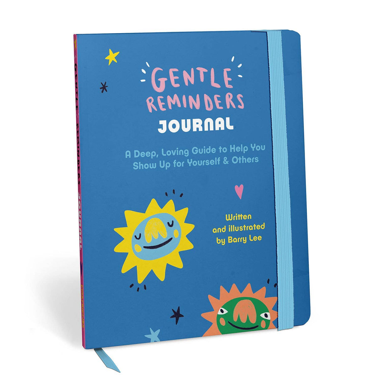 Bright blue Gentle Reminders guided journal with playful sun illustrations and elastic closure band by Barry Lee