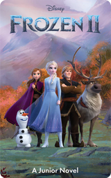 Elsa, Anna, Kristoff, Olaf, and Sven stand together in front of a colorful mountain landscape from Frozen 2.