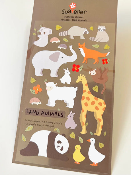 Land Animal Stickers sheet featuring cute elephants, giraffes, foxes, pandas, and more for creative note decorating.