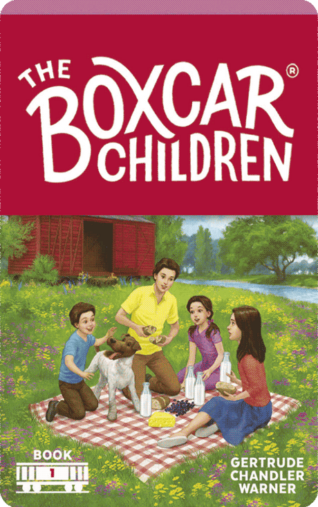 The Boxcar Children kids having a picnic with their dog near a red boxcar in a green meadow.
