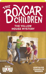 The Boxcar Children book cover showing four kids investigating a mystery in a yellow house's old fireplace.
