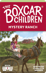 Two girls riding a horse-drawn cart in front of a red ranch house on a sunny day from The Boxcar Children Mystery Ranch book cover