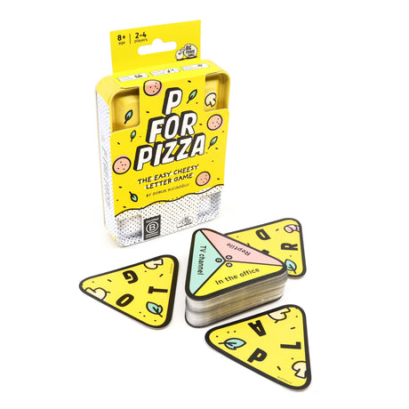 P is for Pizza Travel Tin with pizza themed word game cards and colorful triangular pieces