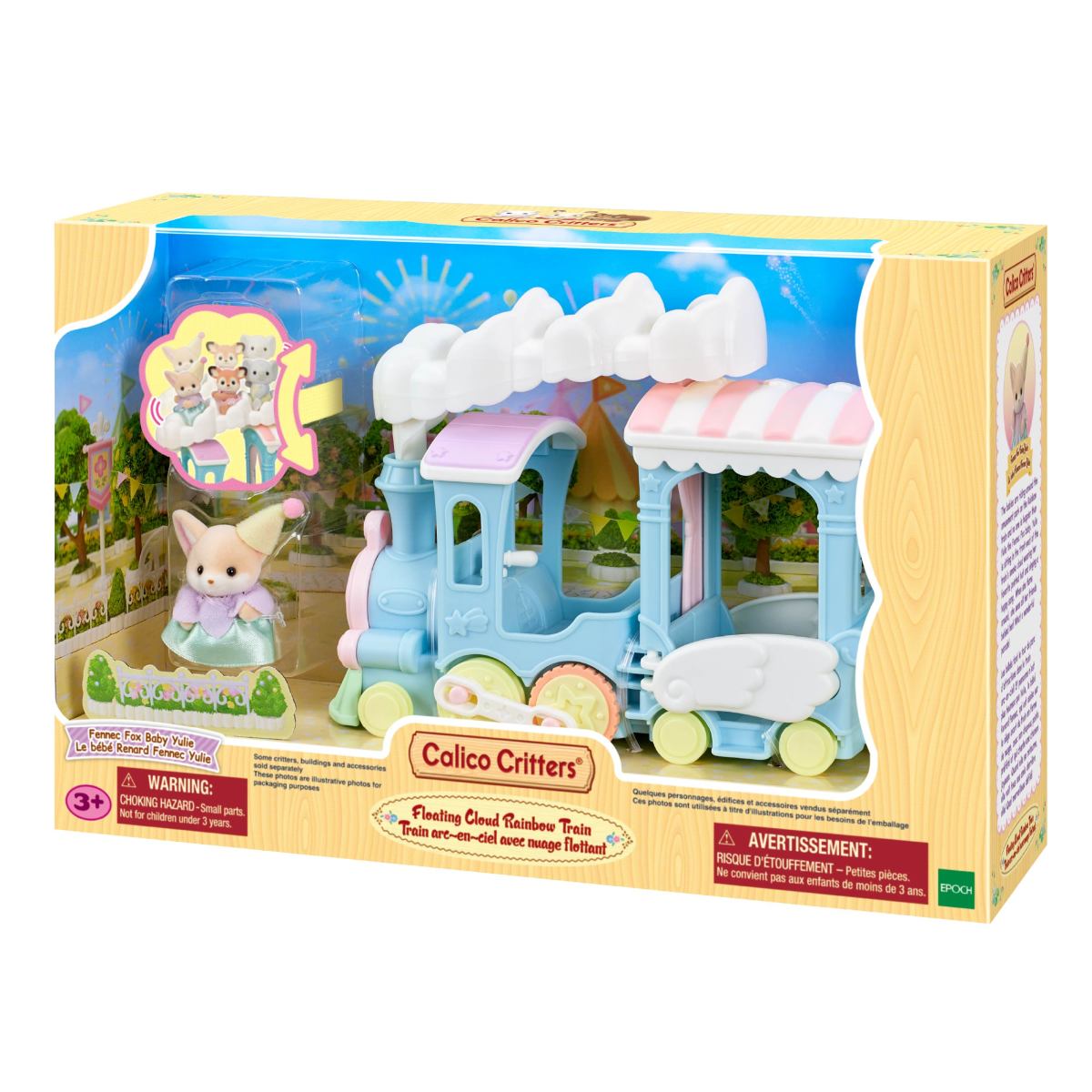 Floating Cloud Rainbow Train toy set in colorful retail packaging with a cloud canopy and pastel train cars