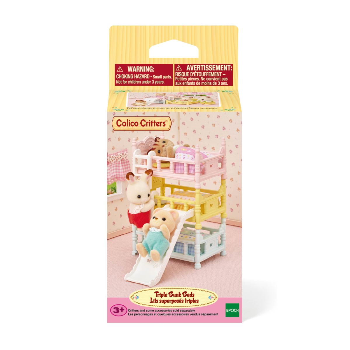 Triple Bunk Beds toy set package with three colorful bunk levels and animal figures
