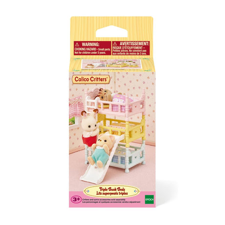 Triple Bunk Beds toy set package with three colorful bunk levels and animal figures