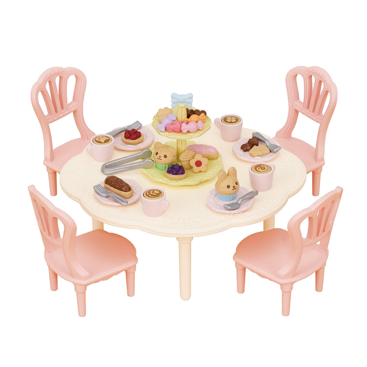 Sweets Party Set with a pink tea party table, chairs, pastries, cups, and bunny treats