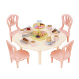 Sweets Party Set with a pink tea party table, chairs, pastries, cups, and bunny treats