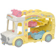 Yellow and white triple-decker nursery bus toy with pastel seats and musical notes decorating the sides