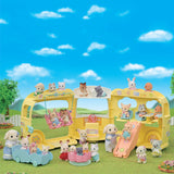 Colorful triple-decker nursery bus toy with animal figures playing, swinging, and enjoying a sunny outdoor scene.