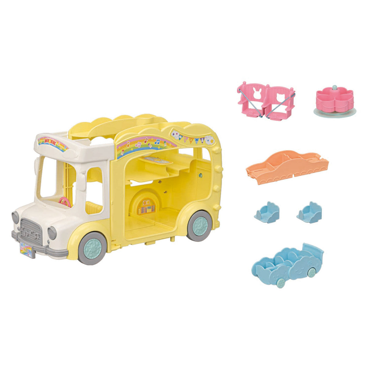 Yellow and white triple-decker nursery bus toy with colorful play accessories for imaginative baby playtime