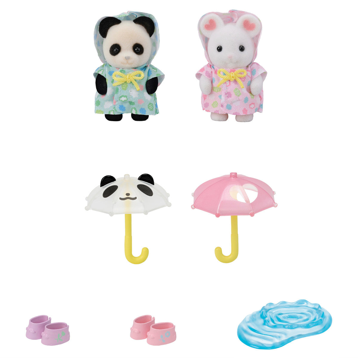 Nursery Friends | Rainy Day Duo set with two babies in raincoats, umbrellas, wellies, and a puddle for rainy day play.